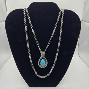 Vtg Avon Faux Turquoise Teardrop Pendant Necklace Silver-Tone Layered Adjustable